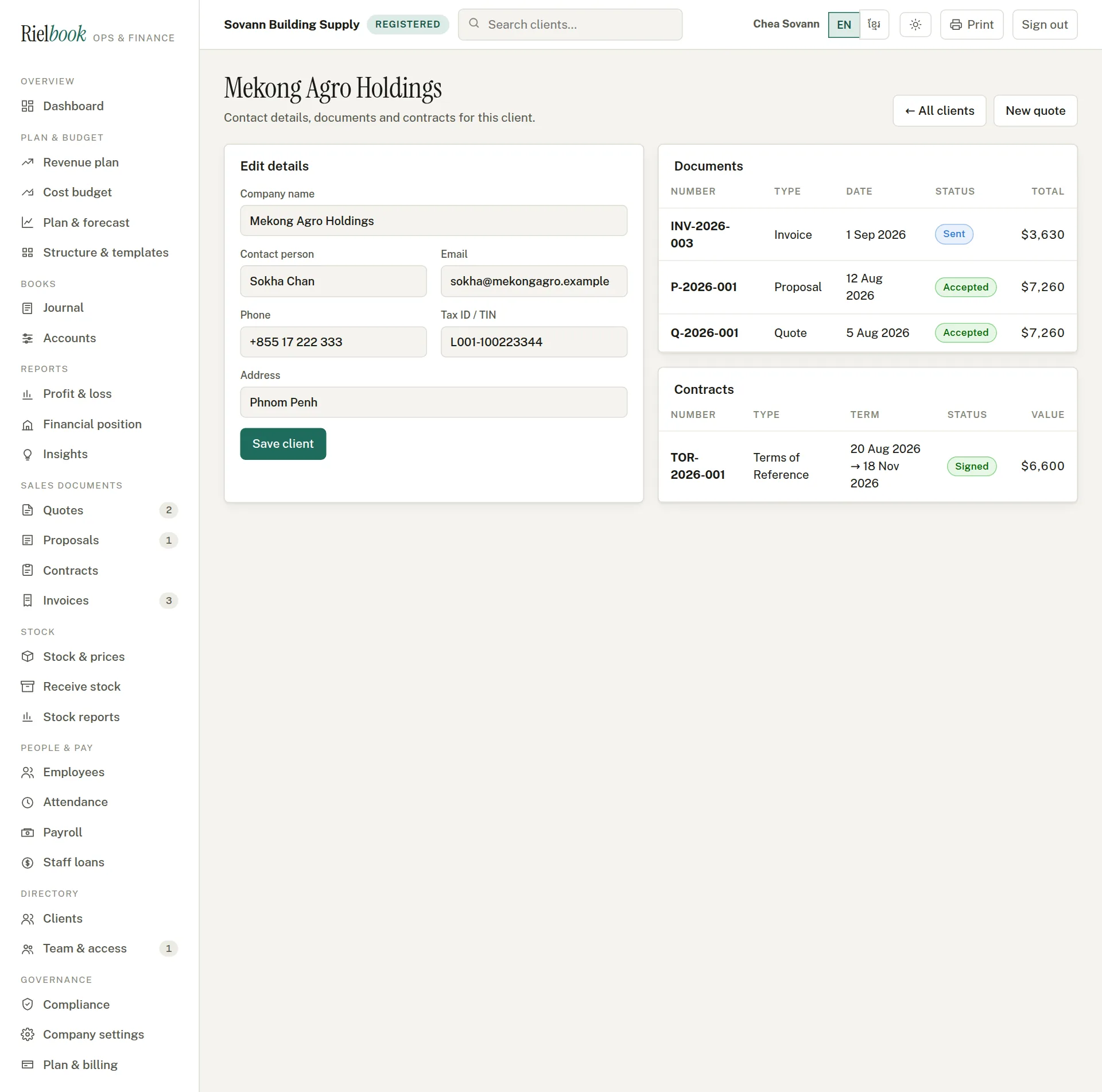 A client page with documents and contracts