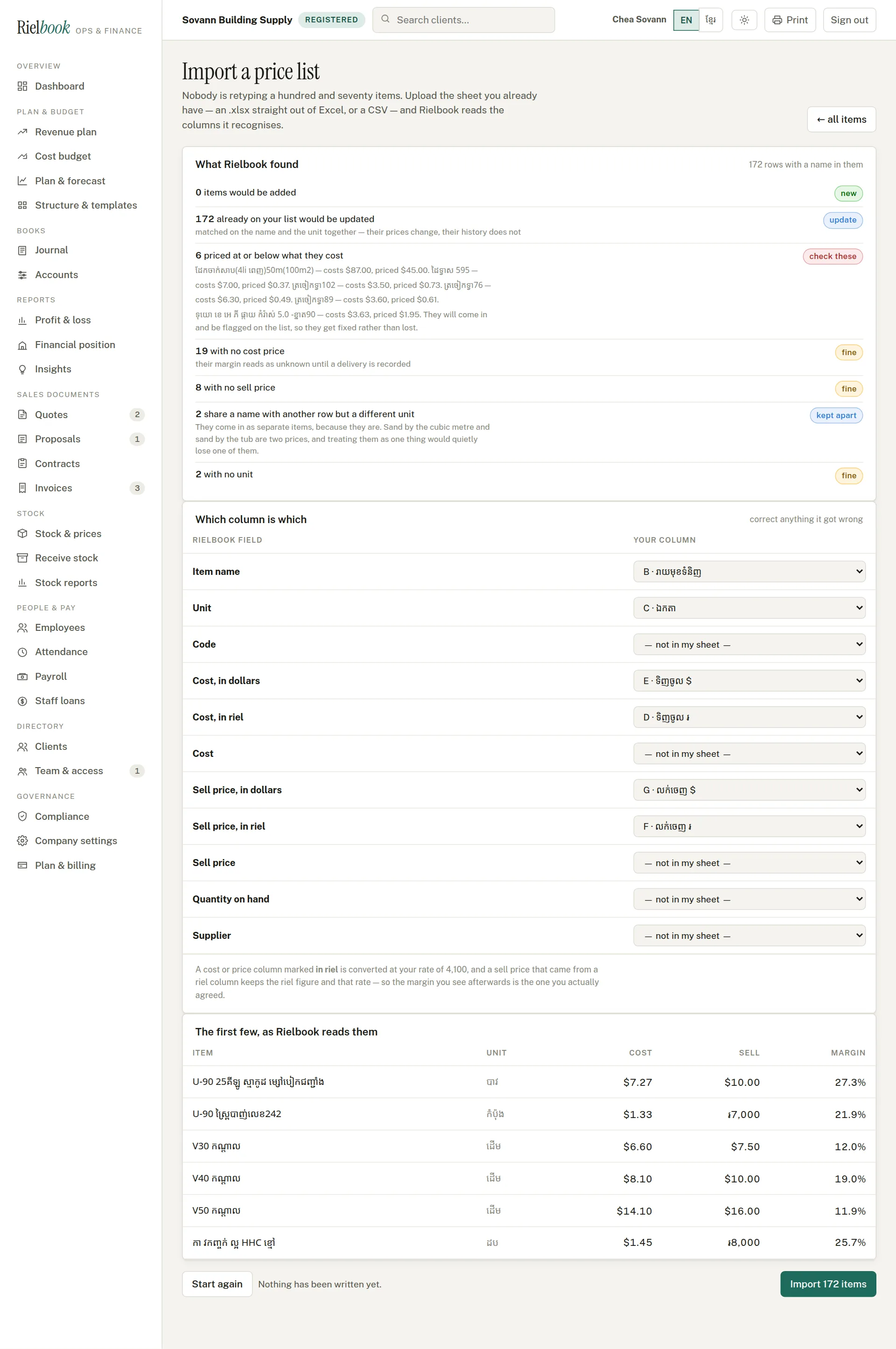 The import preview with problems found and the column mapping