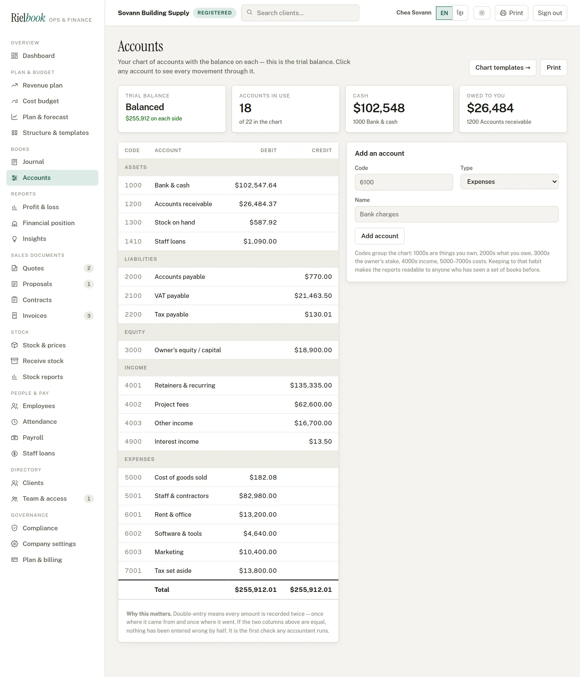 The accounts page with the trial balance