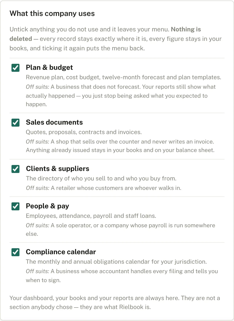 The What this company uses tick-boxes in Company settings
